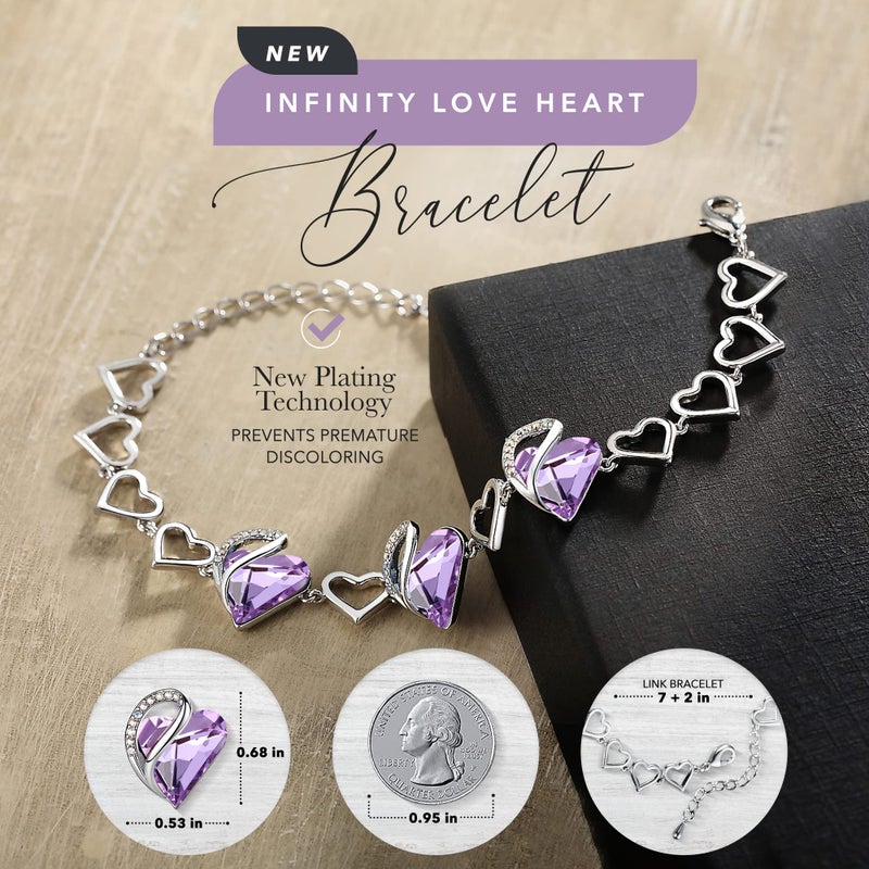 Leafael Infinity Love Heart Link Bracelets, June Birthstone Crystal Bracelet for Women, Silver Tone Jewelry Gifts for Her, Alexandrite Light Purple, 7-inch Chain and 2-inch Extender - Image 2